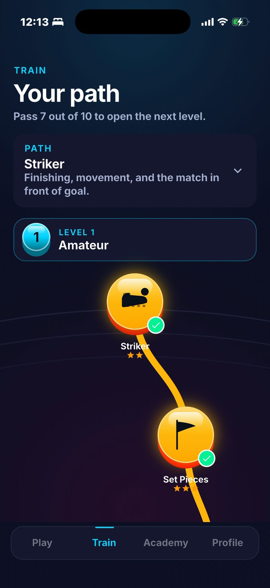 Striker training path, with Levels 1 and 2 open and the next stops along the path.